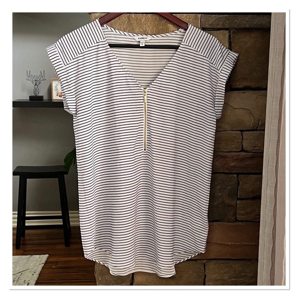 EXPRESS  'Gramercy' Black/White Striped Silky VNeck Blouse